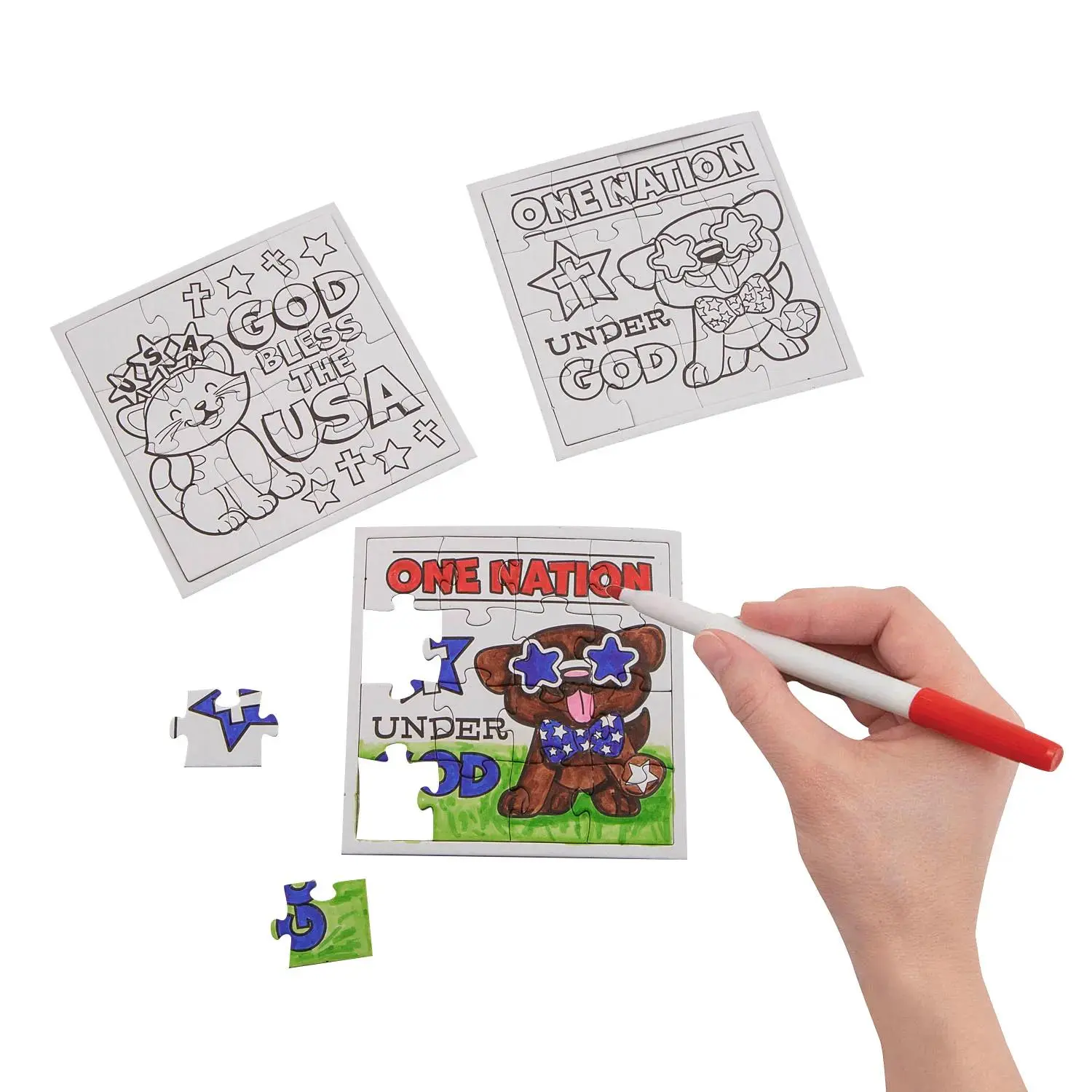 4" x 4" Chipboard Puzzle Game, Bulk 50-Pc Color-Your-Own Religious Patriotic Puzzles for Fourth of July Learning Activities