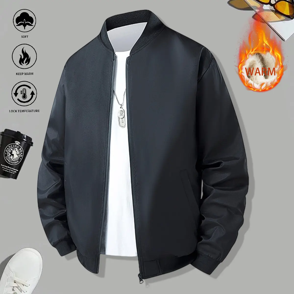Men’s jacket, lightweight casual style, flight jacket top, solid color, versatile and fashionable, minimalist design, suitable for commuting and outdoor sports, menswear
