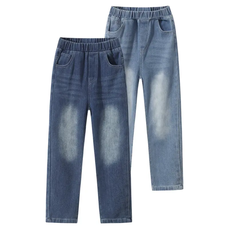 2-piece boy spring and autumn fashion straight jeans 3-12-year-old children elastic waist Joker casual stretch jeans children classic jeans Loose Fitting Pants Light Blue Pants