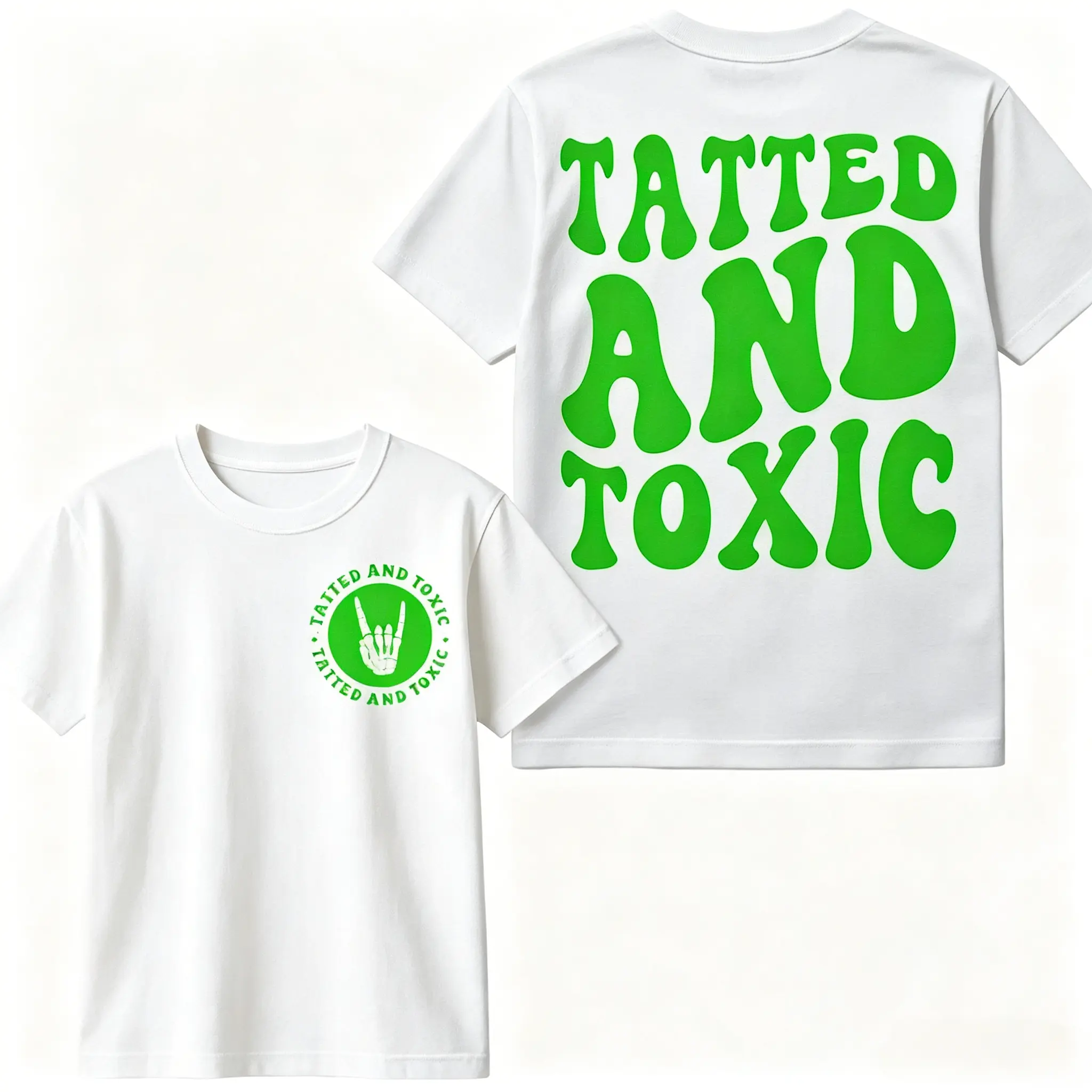 Women's Crew Neck T-Shirt with 'Tatted & Toxic' Retro Wavy Lettering, a Smooth Cotton Blend Top for Casual Streetwear and Party Outfits, Essential, Simple