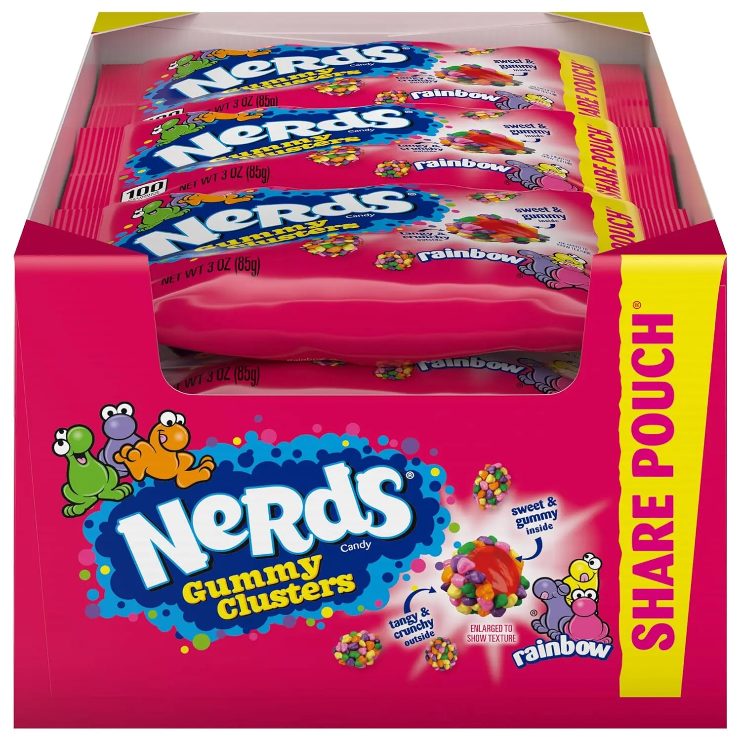Nerds Rainbow Gummy Clusters 3 oz peg bag. 12 ct. - Chewy Gummy Center Coated with Crunchy Mini Rainbow Nerds in a Mix of Flavors Like Grape, Strawberry, Orange, Lemon, and Watermelon - 12 Count Pack Candy Snack
