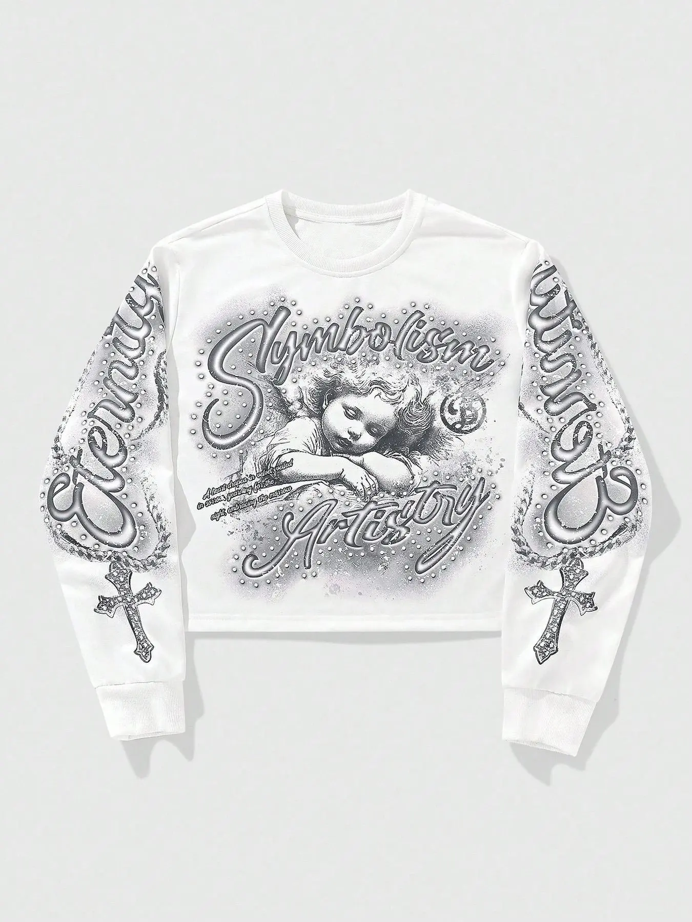 Men's Fashion Streetwear Long Sleeve Short Sweatshirt Pullover, Vintage Religious Style, Rhinestone Round Neck, Angel Print, Casual Daily Wear