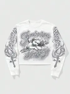Men's Fashion Streetwear Long Sleeve Short Sweatshirt, Vintage Religious Style, Rhinestone Round Neck, Angel Print, Casual Daily Wear