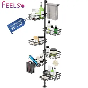 FEELSO Shower Caddy Organizer Tension Pole, Rustproof 6-Pack Corner Shelf with 30-120 Inch Adjustable Shower Rack for Inside Shower, Extra Towel Bar & Soap Dish for Bathroom Organizers and Storage, Black