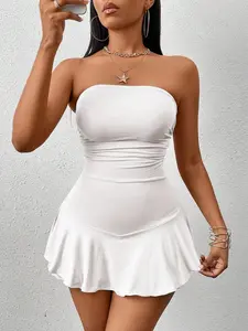 White Ruffle Jumpsuit: Strapless Backless Romper - Women's Party Outfit