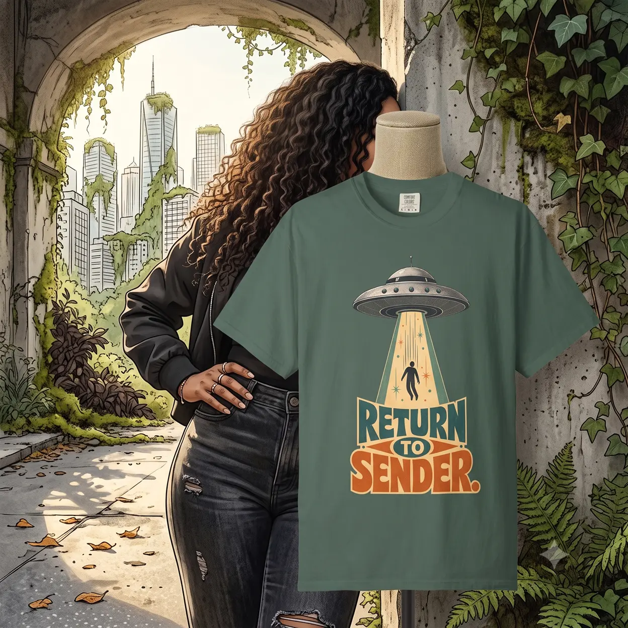 Return to Sender UFO Abduction T-shirt | Retro Alien Beam Graphic