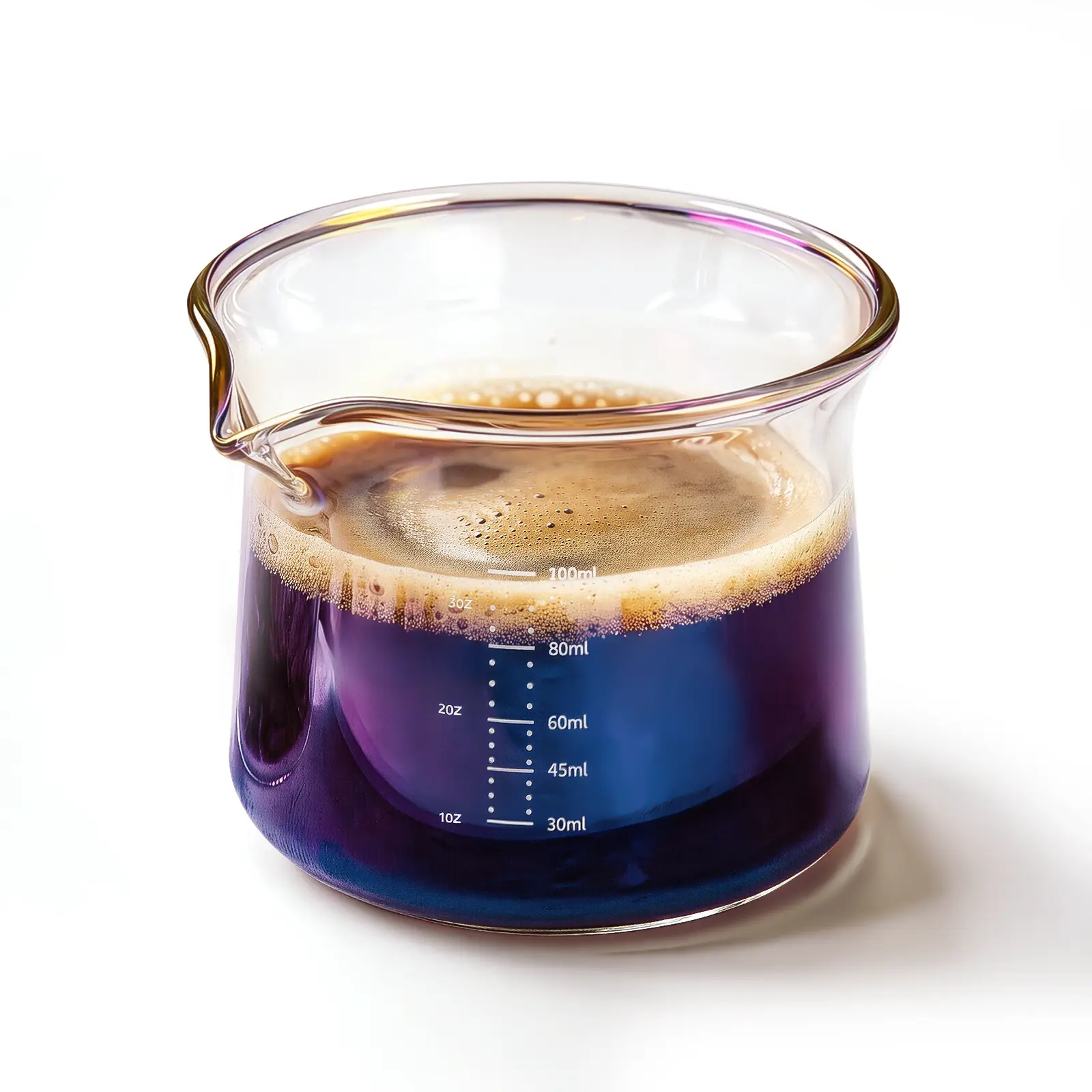 YARRAMATE Iridescent Kitchen Espresso Cup, 3.4oz/100ml Borosilicate Glass Measuring Utensil with Spout, Wide Mouth, Flared Rim, Precision Pouring, Dual-Scale Accuracy, Easy Rinse, Espresso Maker Compatible