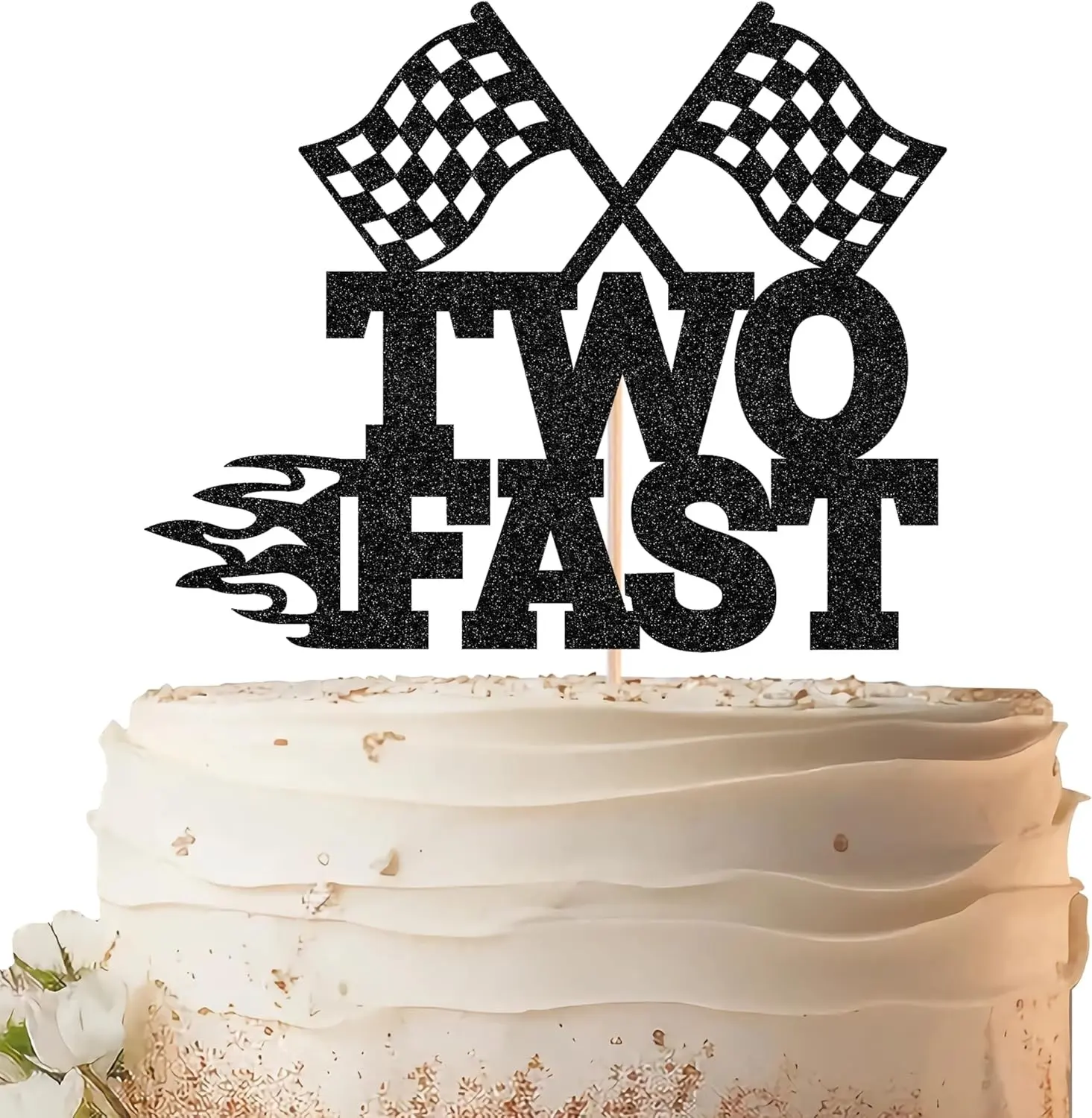 Two Fast Cake Topper - Black Glitter Race Car Theme 2nd Birthday Party Cake Decoration, Racing Car Checkered Flag Second Birthday Party Supplies Photo Booth Props