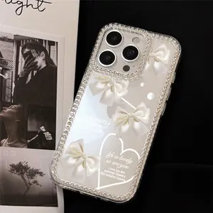 Cute White Bow Pattern Glitter Bling Diamond Case for iPhone 17 Pro Max Phone Case 17 Air 16E 16Pro Max 15 Pro 15Plus 14 13 12 11 Phone Cases,Luxury Sparkle Rhinestone Soft Silicone Protective Bumper Cover for Women and Girls
