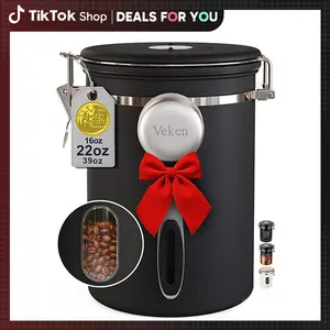 【DEALS FOR YOU】Veken Airtight Coffee Canister with View Window, Game-Changing Stainless Steel Storage Jar with Date Tracker & Scoop, Keep Coffee Fresh For Months, 16OZ Black for Coffee Bean, Flour, Sugar & Tea