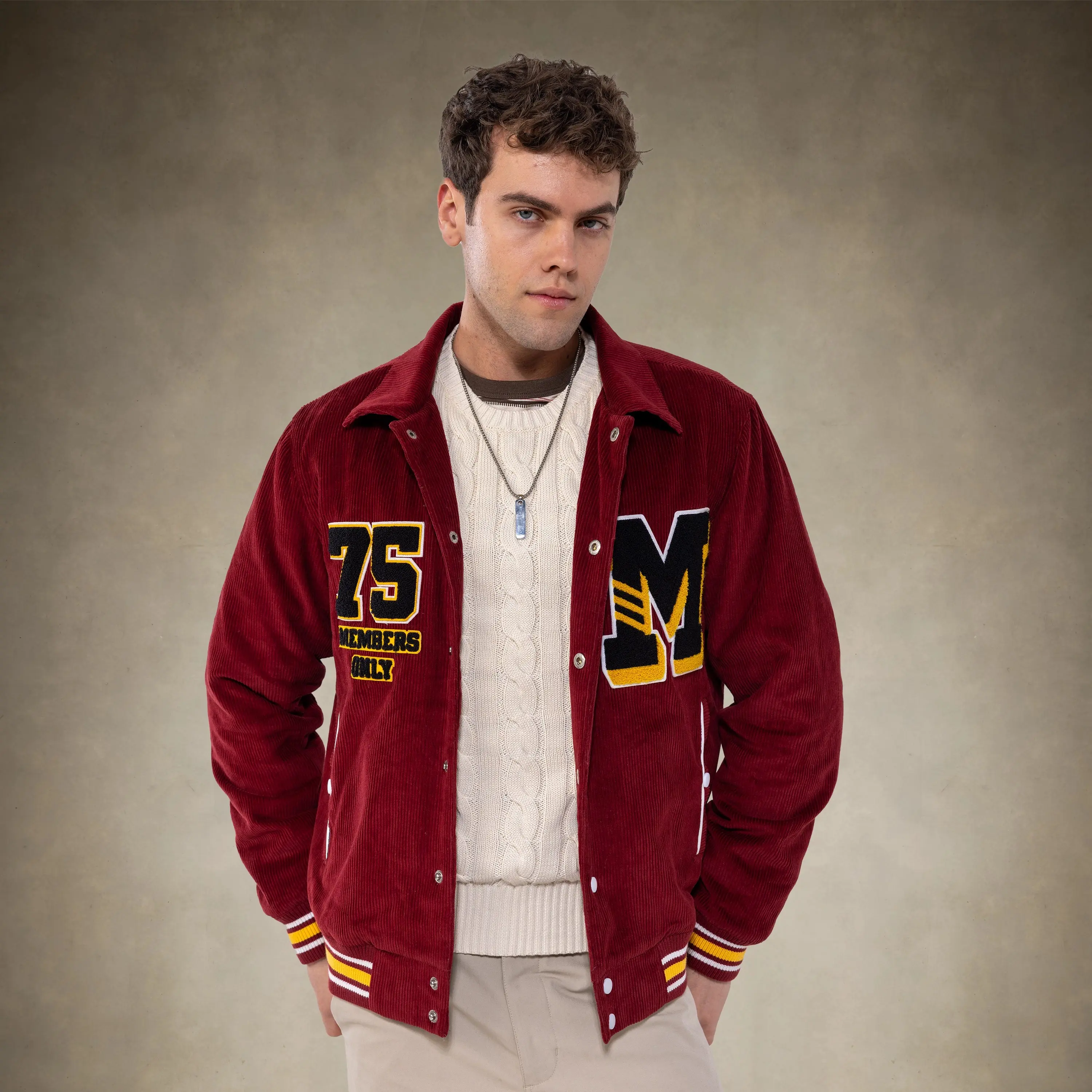 Men's Corduroy Varsity Jacket, a Relaxed Fit Bomber with Quilted Lining, Patch Appliqués, and Contrast Knit Trim, Tops, Fabric, Menswear, Coats, Hem, Cotton, Long, Pocket, Party, Retro Appeal, Woven