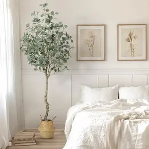 【Christmas Gift】Eucalyptus Artificial Tree, Imitation Eucalyptus, Straw Pot Plant with Silver Dollar Leaves, Suitable for Living Room Bedroom Office Decoration 6FT+Straw pot Decorative Fruit Faux Ornaments