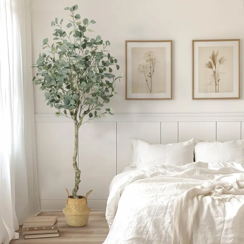 【Christmas Gift】Eucalyptus Artificial Tree, Imitation Eucalyptus, Straw Pot Plant with Silver Dollar Leaves, Suitable for Living Room Bedroom Office Decoration 6FT+Straw pot Decorative Fruit Faux Ornaments
