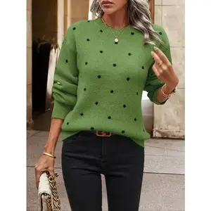Green Polka Dot Pattern Drop Shoulder Sweater Long Sleeve Top Knitted Pullover Autumn Winter Wear Casual Fabric Women's Sweater