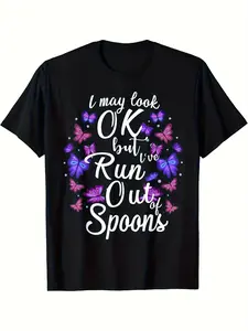 Lupus Awareness 'No More Spoons' T-Shirt - Soft 220gsm Cotton Butterfly Print Crew Neck Tee, Unisex Retro for men & Women, Lupus Support Group Events, Daily Wear, Short-Sleeve Shirt with Spoonie Community Design