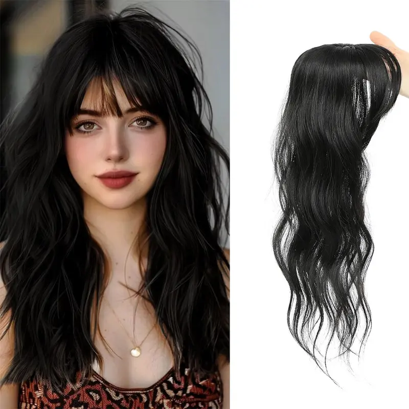 Natural Black Clip in Bangs 360° Coverage Mini Wavy Hair Topper with Bangs 18Inch Natural Looking Synthetic French Clip Fake Fringe for Thinning Hair Daily Wear Quick Styling Curly Wave