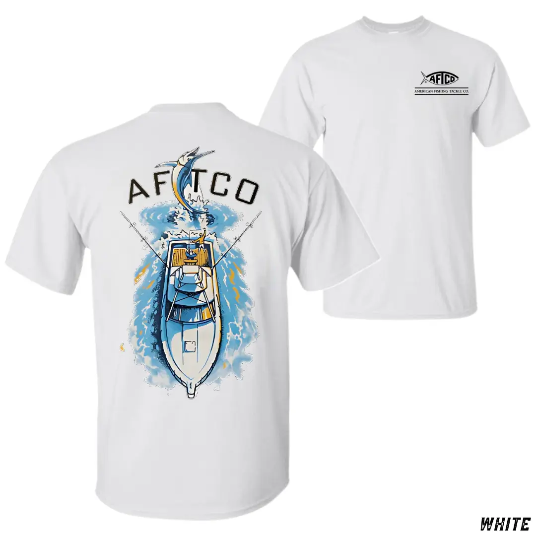 AFTCO Top View Fishing Boat T-Shirt, Offshore Saltwater Graphic Tee, Soft Cotton Blend Shirt, Deep Sea Angler Apparel for Men & Women, Sport Fishing Gift Idea