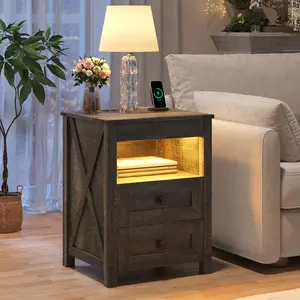 Lvifuir Farmhouse LED Nightstand with Gun Drawer&Invisible Lock,Modern Bedside Table with Human Sensor Design,Rustic Side Table with Wireless Charging for Living Room