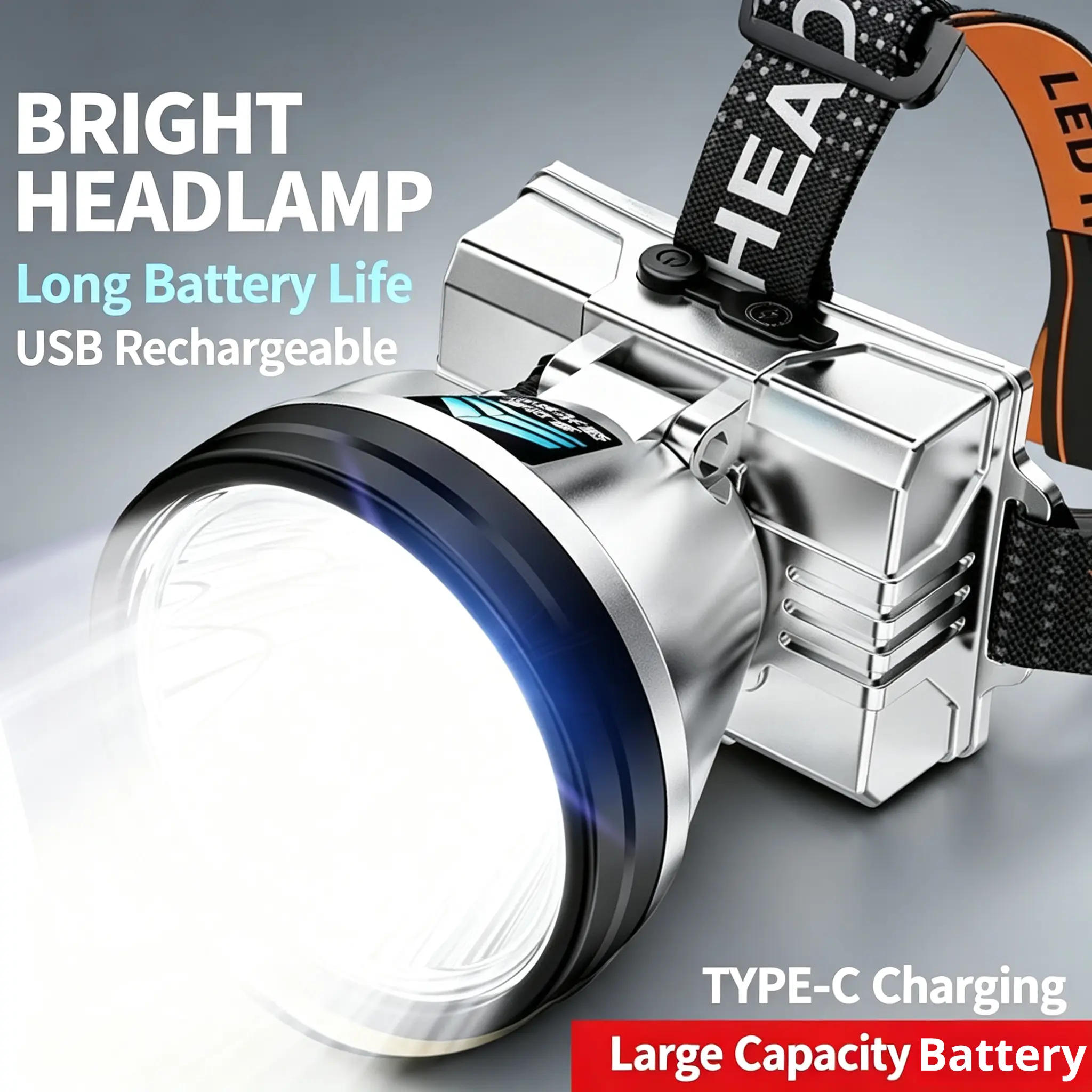 USB Type-C Rechargeable LED Headlamp Ultra Bright Outdoor Head Light with Large Capacity Battery for Camping Hiking Fishing long life waterproof headlight emergency outage power