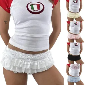 Women Bloomers Shorts Casual Summer Lace Patchwork Layered Ruffles Short Pants for Vacation Beach Club Streetwear