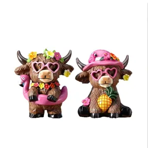 Resin Pineapple Highland Cow Figurine Couple Home Desktop Decoration Gift Craft, Cute Animal Ornament for Living Room Decor