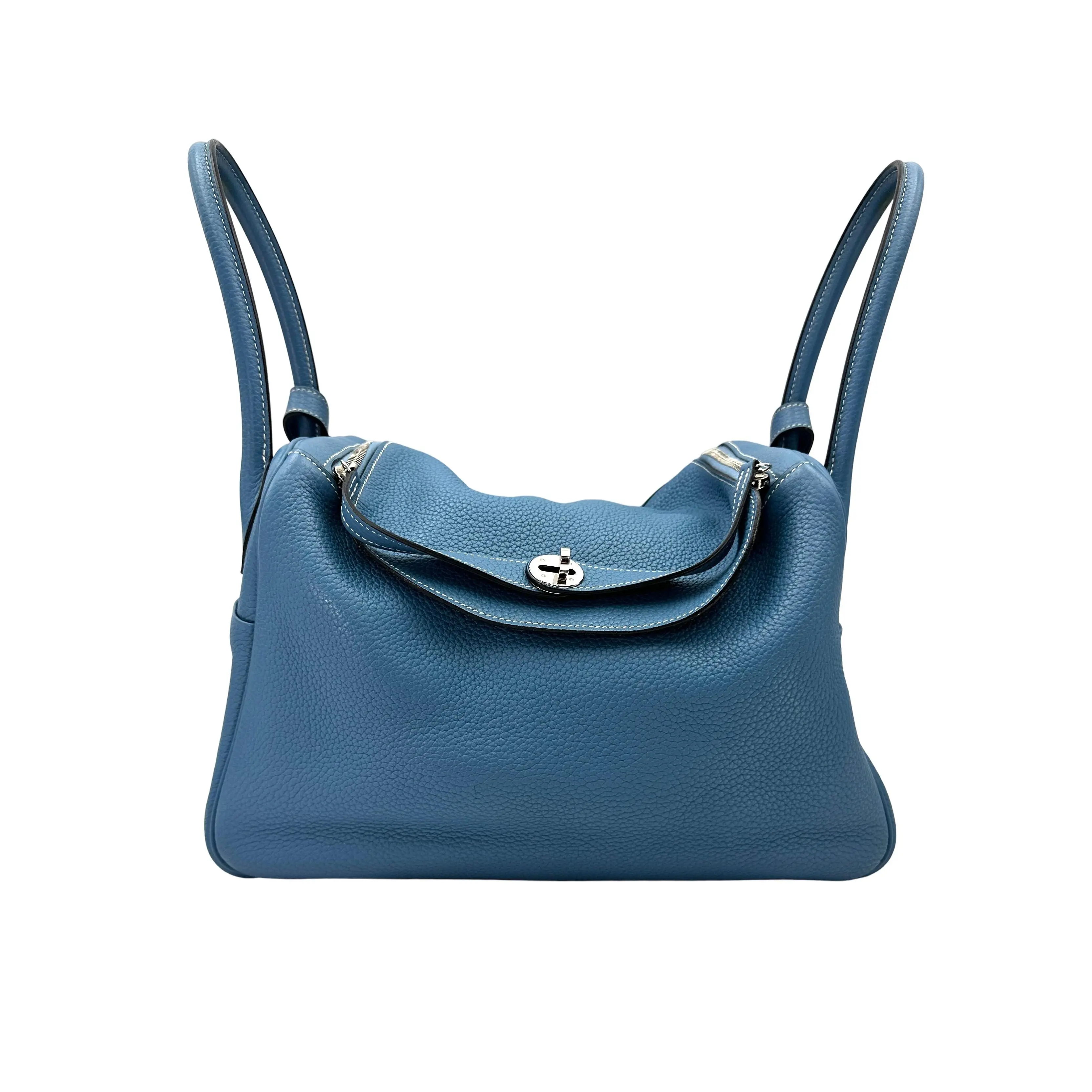 Pre-owned HERMÈS Clemence Leather Shoulder Bags Lindy34 Bleu Jean Handle Bag 2015 Palladium Hardware HR138