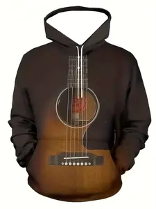 Men's Spring Fall 3D Guitar Print Hoodie, Casual Loose-Fitting Sweatshirt, Geometric Pattern, Crop Box Style, Men's Clothing