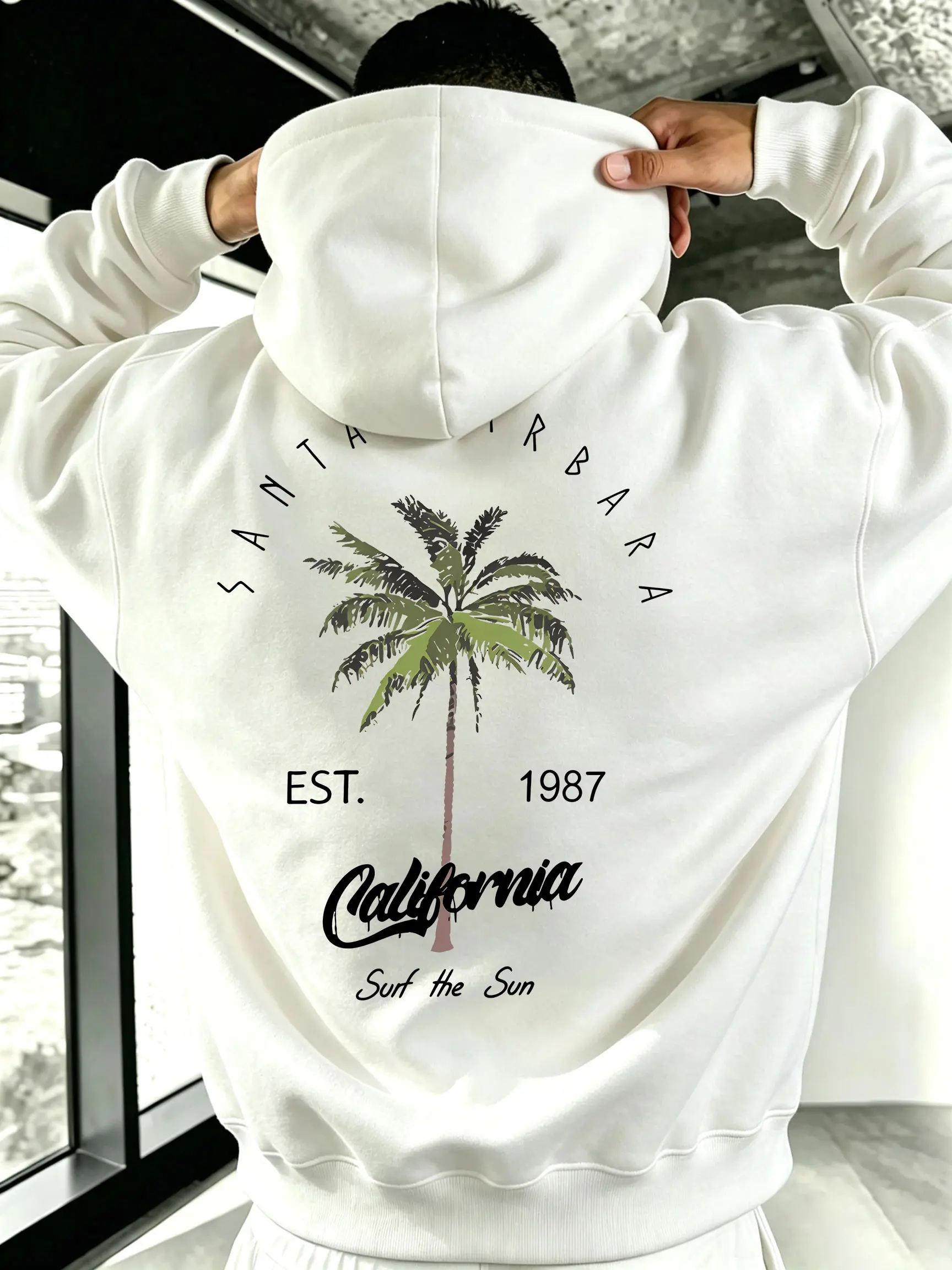 California Santa Barbara palm tree double-sided print hooded sweatshirt, EST.1987, American West Coast surfing oversized hoodie