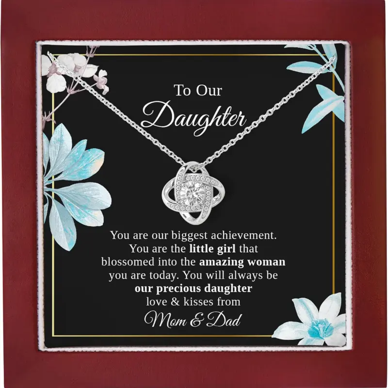 To Our Daughter Love Knot Necklace Gift From Mom And Dad - KINDPAW Daughter jewelry - Birthday, Anniversary, Graduation, Congratulation Gift For Daughter From Father And Mother.