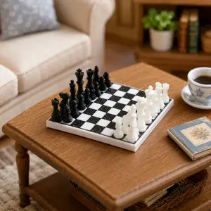 1:12 Scale Miniature Chess Set with Board, 3D Printed Micro Retro Board Game Model, Realistic Dollhouse Study Living Room Furniture Decor & Collector Gifts