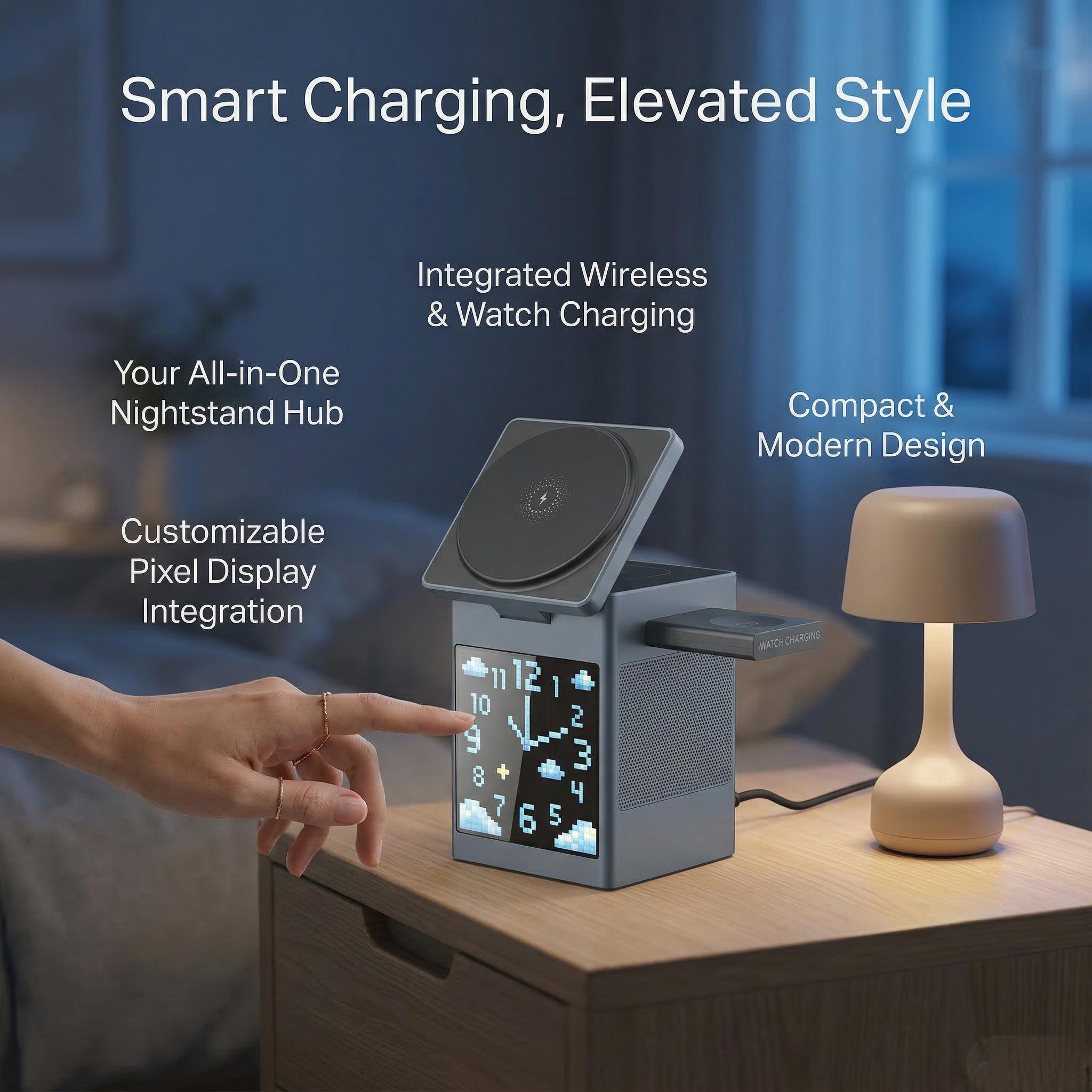 6-in-1 MagSafe-Compatible Magnetic Charger | with Clock & Pixel Display | Multi-Device Desktop Charging Station | Smart Travel Companion for March Madness, Spring Break, World Cup & Easter