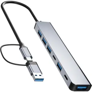 Aluminum 7 in 1 USB C Hub with USB 3.0,7 Ports with 2* USB-C and 5* USB-A, Ultra Slim Portable USB Splitter Adapter for Laptop, PS4, Flash Drive, HDD, Xbox, Printer, Mouse, Keyboard