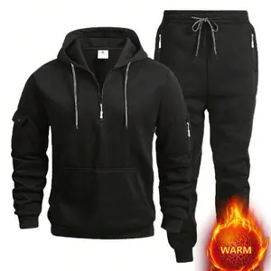 Autumn Winter Super Warm Men's Half Zip Hoodie Sports Set with Colorful Zipper & Black White Drawstring Polyester Fashionable Black Hoodie Jogger Pants with Pockets Set