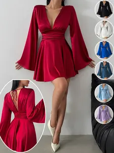 Sexy V Neck Fitted Bodycon Dress, Long Sleeve Flared Backless Party Dress, Slim Fit Short Skirt for Women, Perfect for Evening, Bar, Club, Vacation, Chic