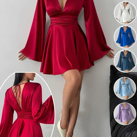 Autumn European Style Women's Dress, Sexy Backless V-Neck Fitted Short Dress, Long Sleeve Plain Color, Perfect for Bar Parties and Vacations, Cocktail Dress
