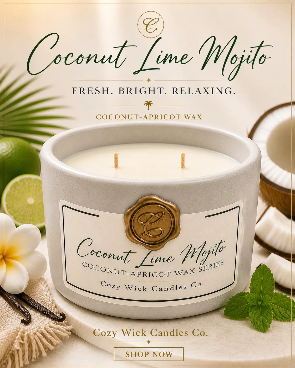 Highly Scented Coconut-Lime-Mint-Citrus Tropical Wax Household Candle - Signature Scent, 30+ hr Long Burn Freshener for Home Decor