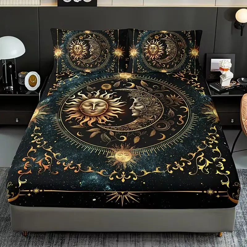 3pc Bohemian Star and Moon pattern printed Decorative Bedding Set, Boho Bed Set, including 1 sheet and 2 pillowcases (without filling material). A great gift for friends. Suitable for single beds, double beds. Multiple sizes available.