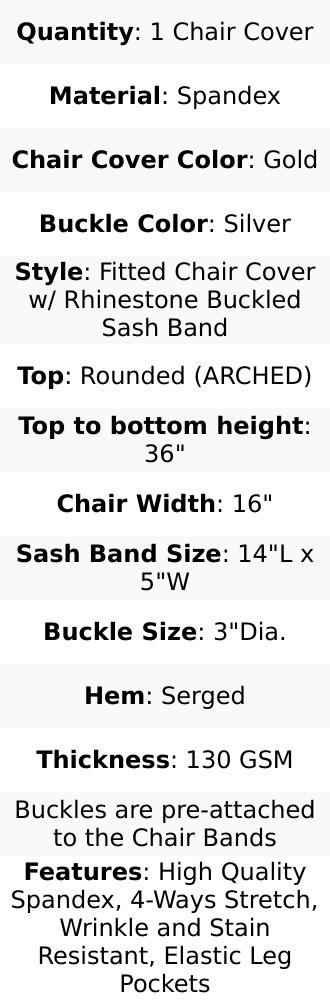 Stretch Spandex Chair Cover Gold for Folding Chairs - Enhanced Style & Secure Fit Slipcover with Stunning Silver Rhinestone Buckled Sash Band