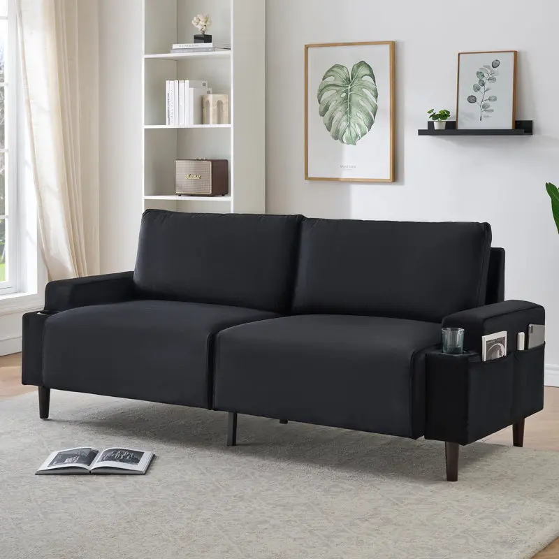 GARVEE 80.7 in Mid Century Modern Square Armrest Cushioned Sofa - with Storage Bag, Cup Holders - Compact Couch for Living Room, Apartment