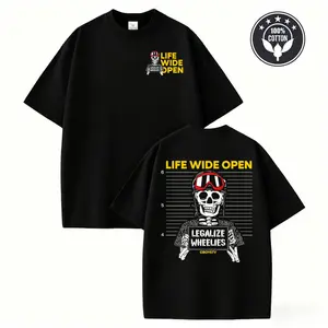 Men's "Life Wide Open" Double-Sided Graphic T-Shirt, Adult Skeleton Wheelie Biker Tee, Unisex Streetwear Short Sleeve Top, "Legalize Wheelies" CBOYSTV Inspired Shirt