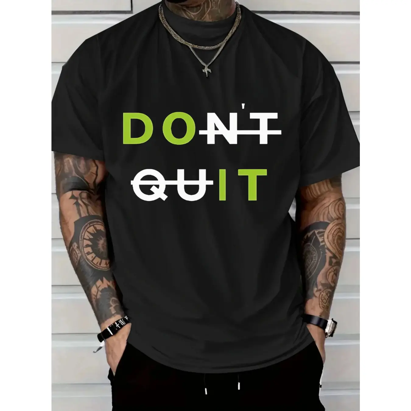 Men's Casual Cotton T-Shirt with Bold DON'T QUIT Motivational Graphic - White Tee, Green & Black Text, Regular Fit Short Sleeve, Machine Washable for Casual Attire & Summer Outdoor Apparel, Cotton T Shirts, Soft Fabric Shirt