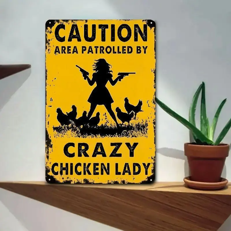 1pc 8x12in Farmhouse Chicken Wall Metal Plaque - Vintage Lightweight Tinplate Full-Print Art, Caution Area Patrolled By Crazy Chicken Lady, Farmhouse Decoration for Bar, Bedroom