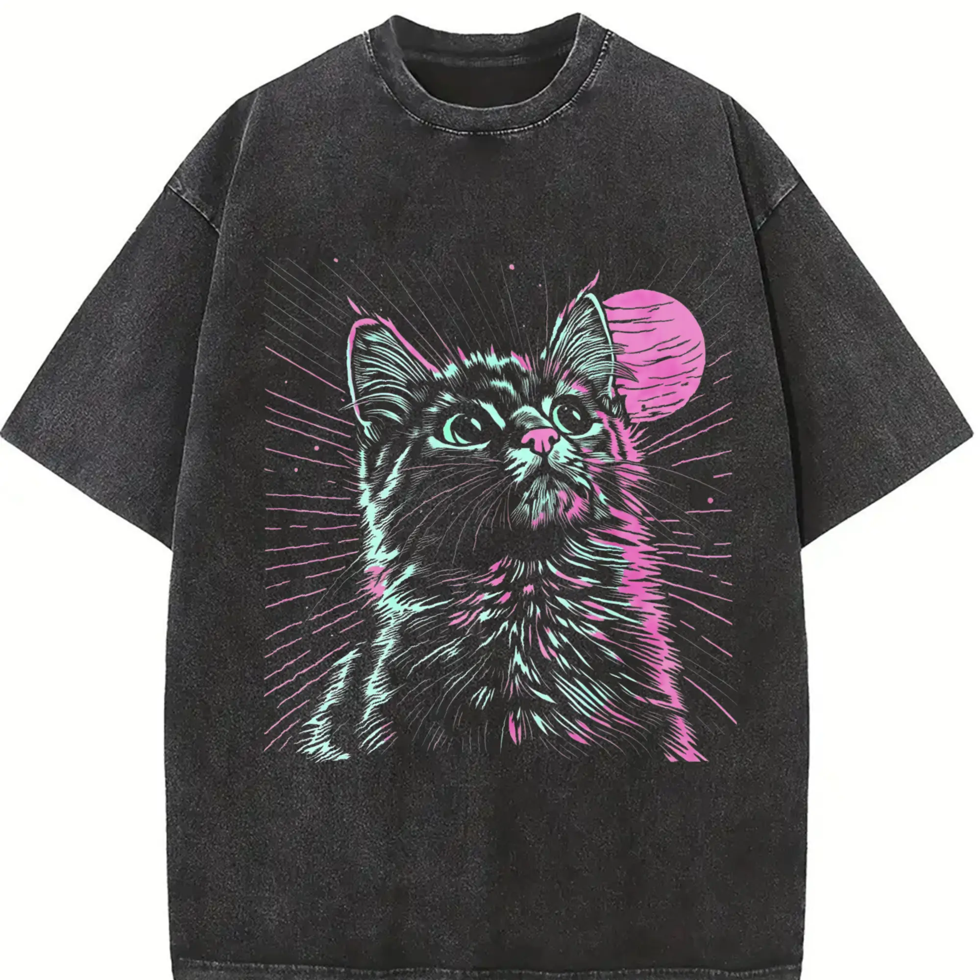 Men's 230gsm Blockbuster Vintage 80s Psychedelic Cat Print T-Shirt - Neon Green & Pink Vintage 80s Pattern T-Shirt, Black with Neon Pink & Teal Cat Face Design