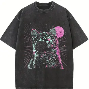 Men's 230gsm Blockbuster Vintage 80s Psychedelic Cat Print T-Shirt - Neon Green & Pink Vintage 80s Pattern T-Shirt, Black with Neon Pink & Teal Cat Face Design