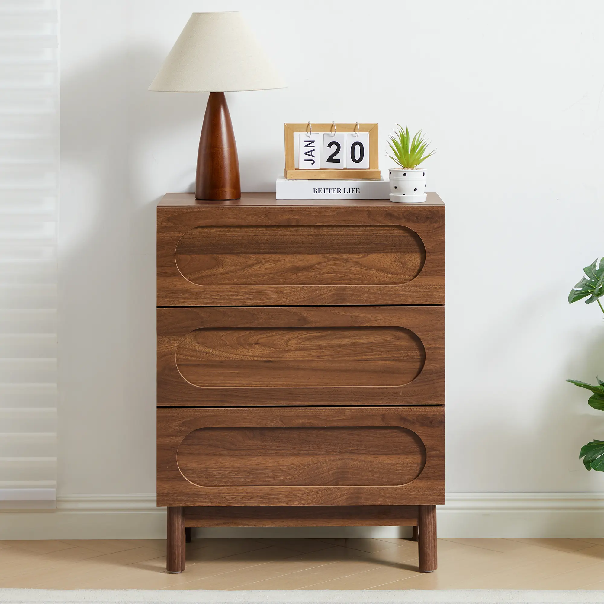 FurSch 3-Drawer Nightstand for Bedroom – Modern Wood Chest with Curved Detailing, Stylish and Functional Storage Cabinet for Bedroom or Living Room