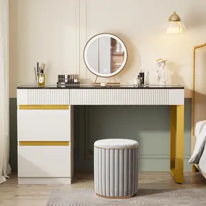 Tribesigns Modern Vanity Desk with 4 Drawers, Makeup Vanity Table, Glass Top Make Up Dresser Desk, White Gold Vanities with Visual Drawer for Bedroom (Without Mirror) antique furniture