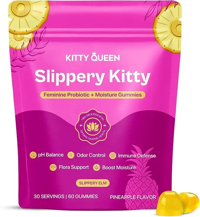 KITTYQUEEN Slippery Kitty Feminine Probiotic and Moisture Gummies, Pineapple Flavor, Women’s Probiotic Gummies for Vaginal Health, pH Balance, Odor Control, Flora Support and Moisture Boost, 60 Count