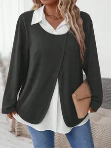 Women's Plus Size Casual Colorblock Patchwork Faux Two-Piece Long Sleeve Fitted Shirt Blouses Tops, Womenswear Fall & Winter Fashion, Comfortable and Stylish