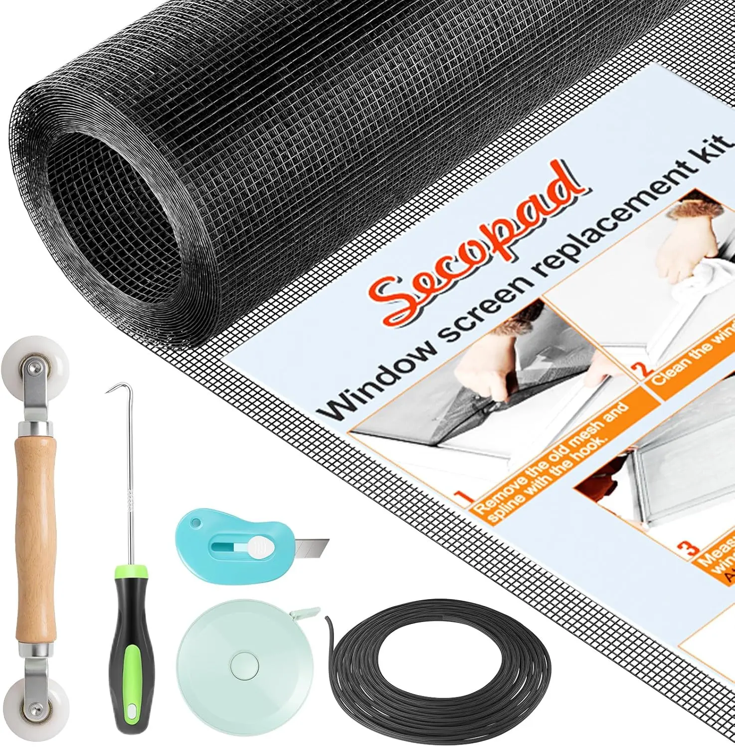 Window Screen Repair Kit, 39" x 78" Screen Door Mesh Replacement Kit, Durable Fiberglass Roll with Tools for Windows Doors Patio and Porch Replacement, Black