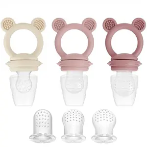 3 Pack Fruit & Food Feeder Pacifier, Silicone Feeder Pacifier with 3 Sizes Pouches (Pink/Linen)